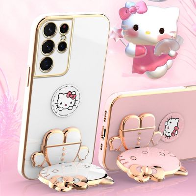 23New Hello Kitty Mirror Silicone Phone Case For Samsung Galaxy S23 Ultra S22 S21 S20 FE S10 Note 20 10 Plus A24 A34 A54 Plating Cover