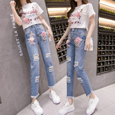 2021 New Suit Three-dimensional Flower Decoration Denim Ripped Trousers + Three-dimensional Flower Short-sleeved Top