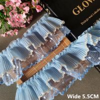 【LZ】 5.5CM Wide Light Blue Double Layers Mesh 3D Pleated Lace Fabric Polka Dots Embroidery Ruffle Trim Dress Collar DIY Sewing Decor