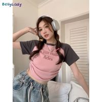 BellyLady เสื้อยืดผู้หญิงแขนสั้นเข้ารูปพอดีเสื้อผ้าสำหรับสาวเซ็กซี่สีตัดกันย้อนยุคคอกลมฤดูร้อน