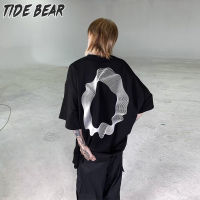 TIDE BEAR เสื้อยืดแขนสั้นผู้ชายรอบคอหลวมหล่อเสื้อยืดพิมพ์ลายหลังที่เรียบง่าย