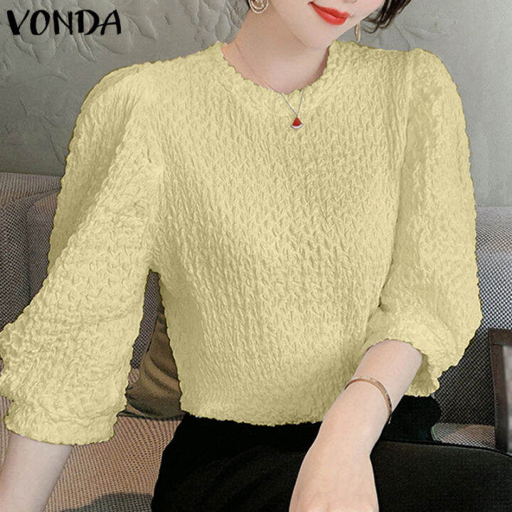 จัดส่งฟรี-fancystyle-vonda-เสื้อหนาคอกลมอเนกประสงค์ของผู้หญิงเสื้อจับจีบแขน3-4สำนักงานเดินทาง