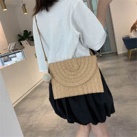 Woven Bag Straw Hairball Crossbody Bag For Women Fashion Buckle Solid Clutch Shoulder Bag Ladies Caual Flap Tote Beach Handbags