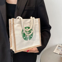 Starbuck กระเป๋าผ้าลินินผ้าใบสตรี,กระเป๋าใบเล็กมาตรฐาน Ins สีแดงตาข่ายกระเป๋าถือสะพายไหล่อเนกประสงค์สำหรับนักเรียนหญิง2021