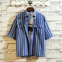 [COD] new mens striped short-sleeved large size loose five-quarter sleeve casual