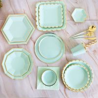 Mint Green Gold Disposable Tableware Party Napkins Paper Plates Straw Cup Kids Birthday Party Supplies Favor Wedding Decoration
