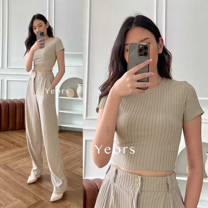 Rib Knit Luna Set Crop Top And Premium Rib Knit Pants Setelan Wanita