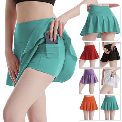 Womens Tennis Culottes New Golf Dance Solid Color Sports Skirt Lined Anti-Exposure Cheerleader Shorts Running Yoga Sportswear