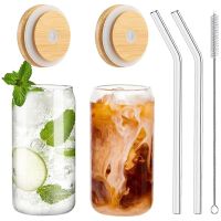 Drinking Glasses with Bamboo Lids and 2PCS Set, 16Oz Can Shaped Glass Cups with Lids and Straws,Beer Glasses