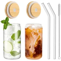 2PCS Set, with Bamboo Lids Glass Straw 16Oz Can Shaped Glass Cups with Lids and Straws,Beer Glasses