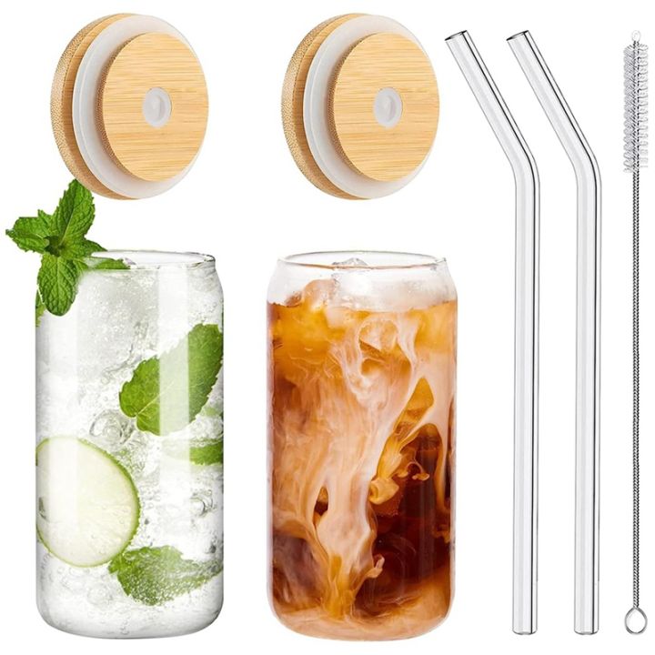 6Pcs Set Drinking Glasses with 6 Bamboo Lids and 6 Glass Straws, 16Oz Can  Shaped Glass Cup, Clear Iced Coffee Cup