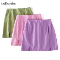 【CW】 2021 mini women A line casual high waist skirts korean split purple zipper chic pink streetwear