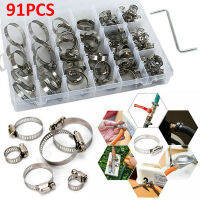 91PCS Hose Clamps คละสแตนเลสป้องกันสนิมท่อ Clamp Kit ไม่มีไดร์เวอร์ Jubilee Clip Set สำหรับยึดท่อ-Naeki