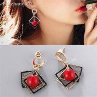 Korean Geometric Square Metal Frames Red Bead Earrings For Lovely Girls Fashion Jewelry Gifts Brincos Boucle D 39;oreille Femme