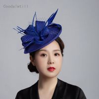 เลียนแบบ Sinamay Fascinator งานแต่งงานหมวกโบสถ์ผู้หญิง Loop Veil และ Feather Headwear Derby Ascot เมลเบิร์นถ้วยโบสถ์ Headpiece