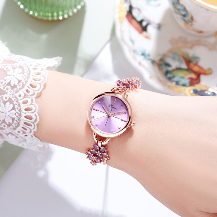 นาฬิกาข้อมือผู้หญิงแฟชั่น2023แบบใหม่ฝัง-rhinestone-ยิปโซสร้อยข้อมือนาฬิกาสร้อยข้อมือสีม่วงนาฬิกาแฟชั่นผู้หญิง