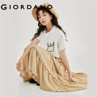 GIORDANO Women T-Shirts Collage Knit Pocket Loose Tee Short Sleeve Crewneck Simple Basic Fashion Casual Summer Tshirts 18323619