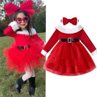 Baby Girls Clothes 2Pcs Christmas Outfits Off Shoulder Long Sleeve Red Tulle Dress Headband Kids Party Evening Dress Clothes Set