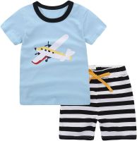 Motecity Fashion Little Boys Summer Casual Cartoon Printed Set T-Shirt Shorts Blue Plane 2T