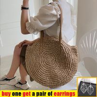 Summer Round Straw Shoulder Bags for Women Rattan Handmade Woven Beach Handbags Female Travel Casual Large Capacity Shopper Tote