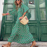 Women 2021 Autumn Printed Vintage Long Dress Lady Elegant V Neck Drawstring Party Dress Casual Half Lantern Sleeve Loose Dress