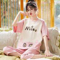 【Plus size】Pure cotton summer pajamas womens thin section Korean short-sleeved cropped trousers cartoon student