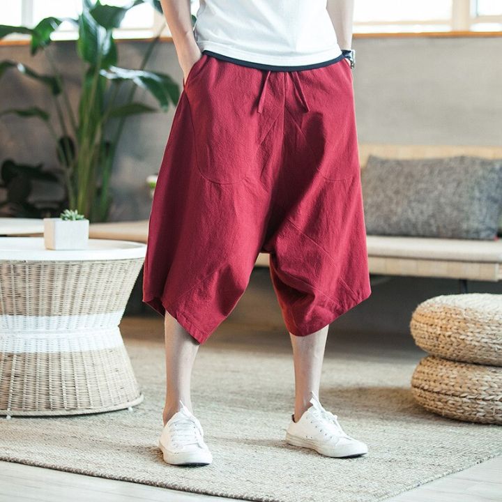 กางเกงขาสั้นผู้ชายแบบลำลองสำหรับฤดูร้อนกางเกงวอร์มสไตล์จีนวินเทจกางเกงจ๊อกกิ้งฝ้ายลินิน