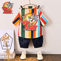 Boys Cat And Mouse Striped Shirt 2023 Summer New Childrens Lapel Short Sleeve Baby Fashionable Clothing