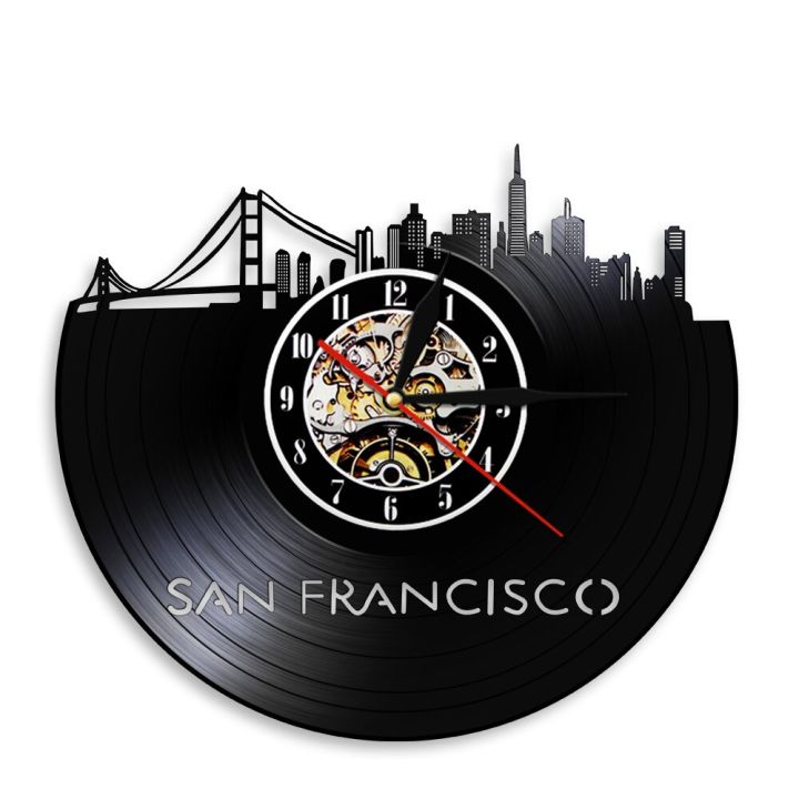 new-style-san-francisco-cityscape-แผ่นเสียงดีไซน์นาฬิกาแขวนทันสมัยเส้นขอบฟ้าบุคลิกภาพตกแต่งศิลปะผนังทำด้วยมือนาฬิกาเวลา