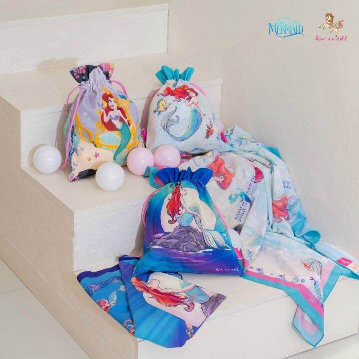 kiss-me-doll-ผ้าพันคอ-ผ้าคลุมไหล่-disney-ariel-ลาย-mermaids-wave-ขนาด-100x100-cm