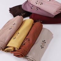 【YF】 Premium Ribbed Jersey Hijab Muslim Plain Scarf Crepe Rhinestone Soft Shawls Wraps Headband Voile Femme Musulman