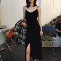 [Fashion Recommendation] ชุดเดรสยาว คอวี ผ่าข้าง สีดํา เซ็กซี่ สไตล์เรโทร แฟชั่นฤดูร้อน สําหรับสตรี V729