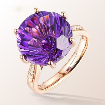 HOYON 18K Rose Gold Colorful Brazilian Natural amethyst Ring Six claw Temperament Colorful Gem Diamond Style Ring Opening Ring