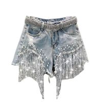 Women Spring Summer New Elegant Shorts Lady Tassel Beading High Waist Wide Leg Denim Shorts Female Casual Solid Shorts