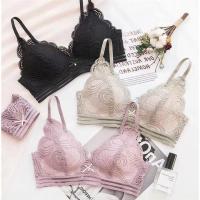 Ladies Thin Solid Color Lace Bow Deep V No Steel Ring Bra Briefs Set