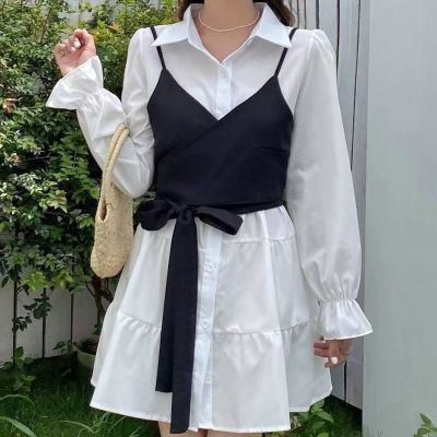 Autumn new short strapping bra strap+medium length solid color long sleeved shirt with princess sleeve female shirt skirt