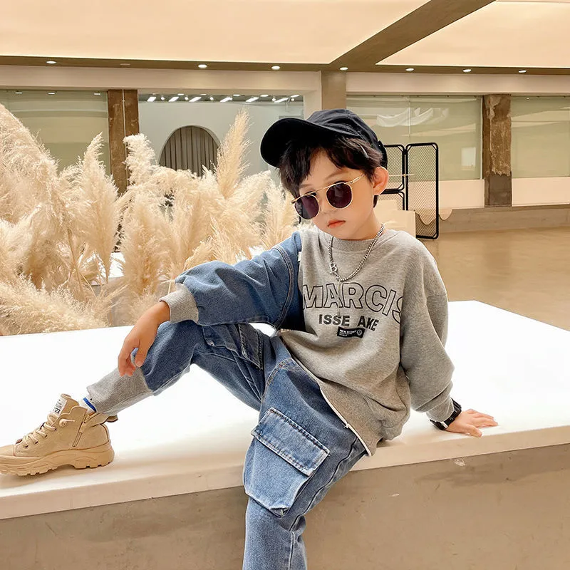 UDI402 Boys spring clothes suit 2022 new Korean style children's spring and  autumn clothing handsome color matching Western style denim hoodie  two-piece set | Lazada