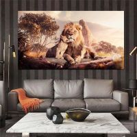 สิงโตแม่และเด็กภาพวาดผ้าใบบนกำแพงโปสเตอร์และภาพพิมพ์ศิลปะรูปสัตว์บนผ้าใบรูปภาพ0717