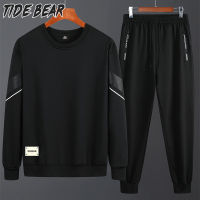 TIDE BEAR ชุดกีฬาสบายๆสำหรับผู้ชายกับเสื้อกีฬาคอกลมหลวมและสองชุด