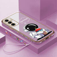 เคสพร้อมปลอกสำหรับ Samsung M14 5G M14 5G (ฟรีสายคล้อง) การ์ตูนน่ารักแฮปปี้นาซ่าอวกาศนักบินอวกาศขอบสี่เหลี่ยมลวดลายเคสโทรศัพท์ชุบหรูหราชุบเคสโทรศัพท์นิ่ม