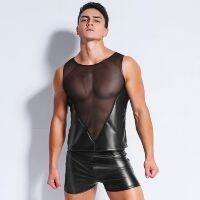 Mens Leather Lingerie Set PU Wetlook See Through Undershirt with Vinyl Boxers Trunks Fitness Shirt Faux Leather Black Underwear