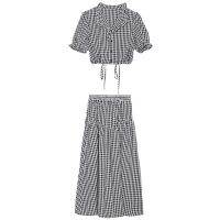 เสื้อผ้าแฟชั่นสำหรับสุภาพสตรี Plaid suit French style restoring ancient ways to reduce age female 2023 hubble-bubble sleeve skirts French coat two-piece