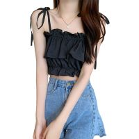 Women Summer Crop Camisoles Low-Cut Sling Plain Ruffle Ruched Short Tops, Ladies Shoulder Straps Tie Slim Navel Vest