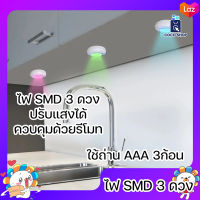 ไฟ SMD 3 ดวง ปรับไฟได้ เปลี่ยนสีได้ ติดตั้งง่าย ใช้ถ่าน AAA 3ก้อน มีรีโมทควบคุมการใช้งาน ตั้งเวลาการทำงานได้