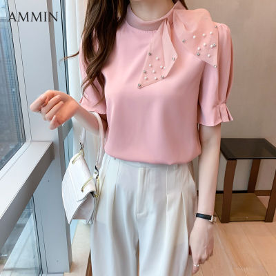 AMMIN เสื้อสตรีผ้าชีฟองแขนสั้นผูกโบว์,เสื้อเบลาส์สำหรับผู้หญิงดีไซน์แฟชั่นสไตล์เกาหลีเสื้อแต่งลูกปัดคุณภาพสูงใส่ได้กับทุกชุด