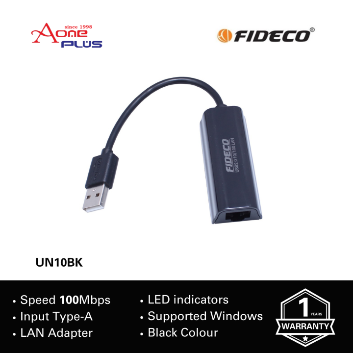 (AONE PLUS SS2) Fideco UN10BK Lan Adapter USB 2.0 To Network