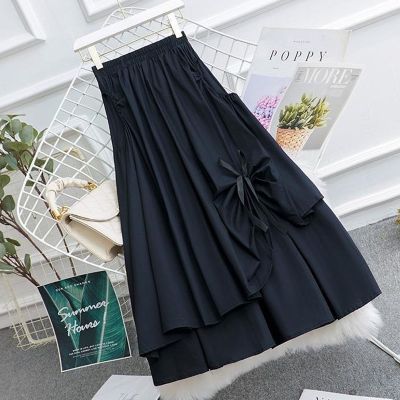 【CC】❁  Elegan Color Waist Bow Tie Streetwear Irregular Skirts New Temperament A-line Skirt