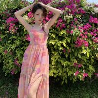 Spring summer new temperament floral chiffon backless condole belt dress female beach dress dress seaside holiday