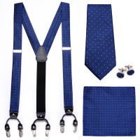 Shirt Suspenders Blue Polka Dot Silk Tie Set Leather Western-style Trousers Men Braces Adjustable 6 Clips Suspenders