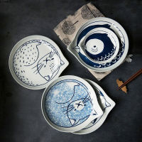 Japanese Style Ceramic Teardrop Plates Dishes Sets Fruit Tableware Creative Design Cute Cartoon Cat Pattern